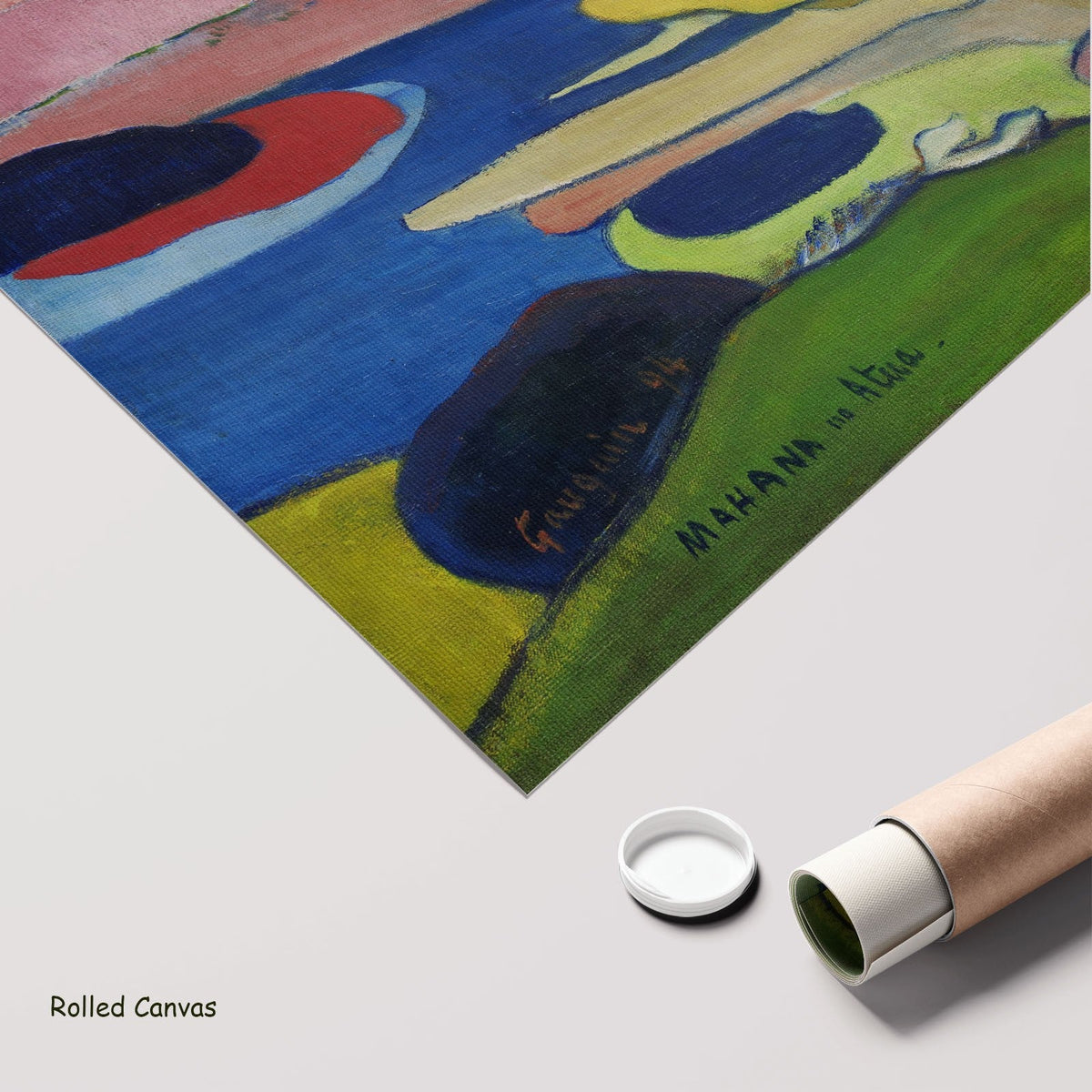 Mahana no atua by Paul Gauguin as a large rolled pink and blue Symbolist canvas print