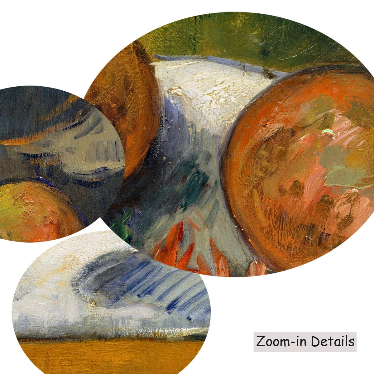 Paul Gauguin — Close-up detail of the brushwork on Still Life with Mangoes and a, a large orange and gold Impressionist…