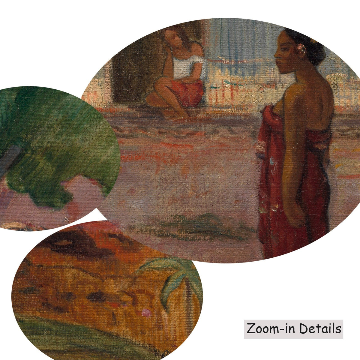 Close-up detail of the brushwork on The Large Tree, a large green and pink Symbolist canvas by Paul Gauguin