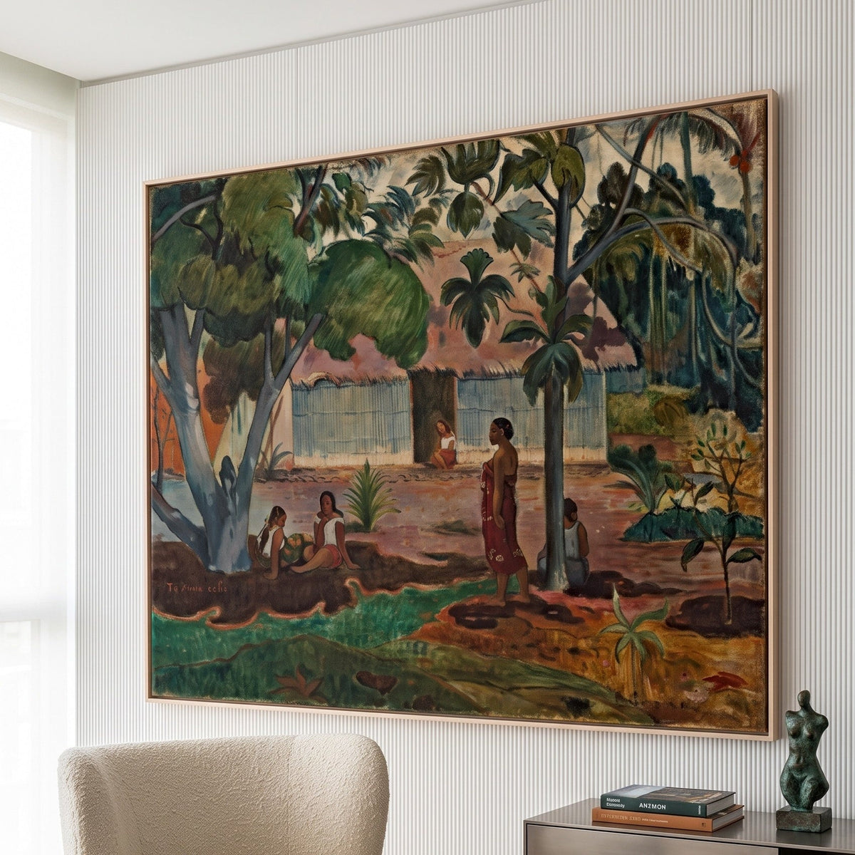 The Large Tree by Paul Gauguin — large green and pink Symbolist canvas art on a living room wall