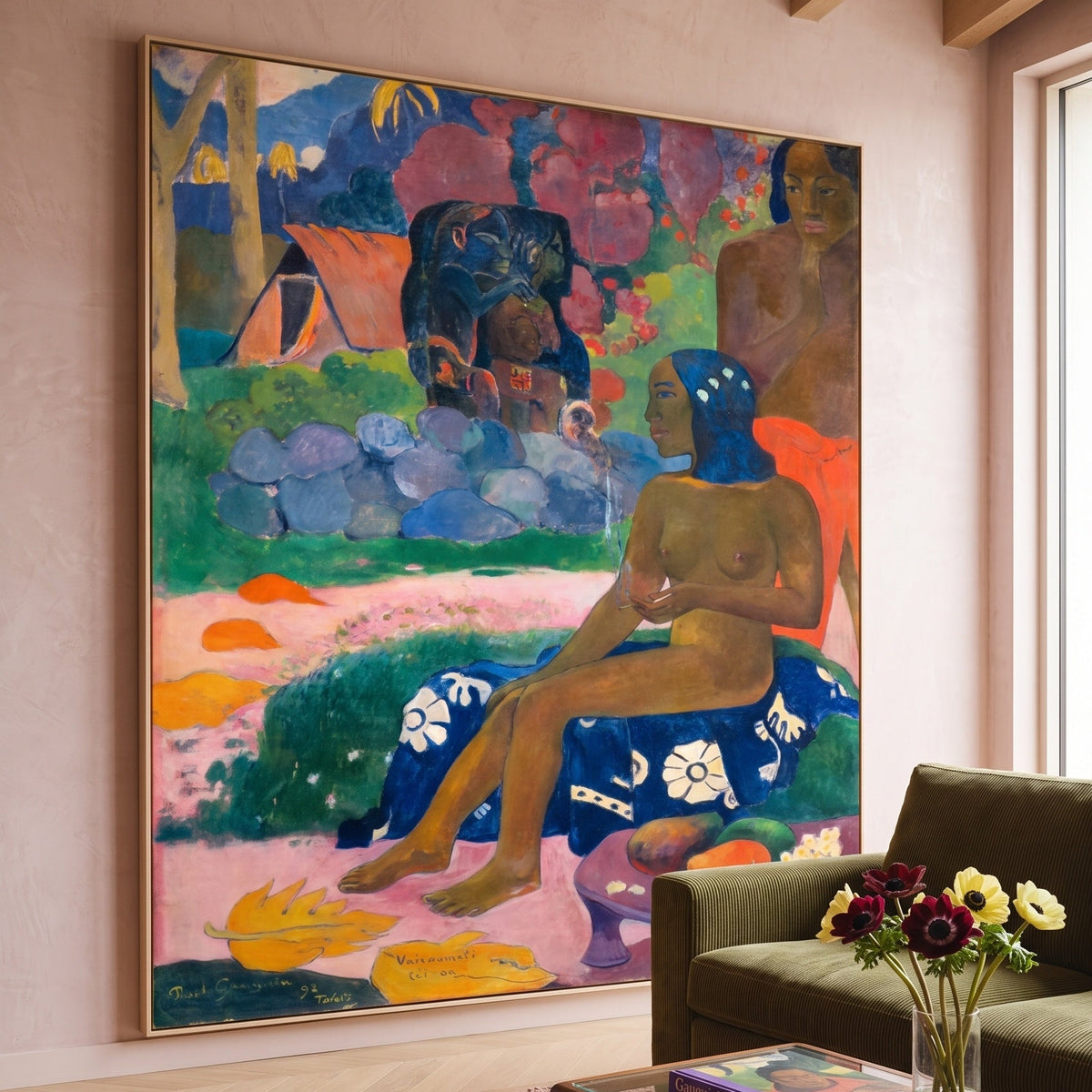 Vairaumati tei oa by Paul Gauguin — large blue and gold Impressionist canvas art on a living room wall