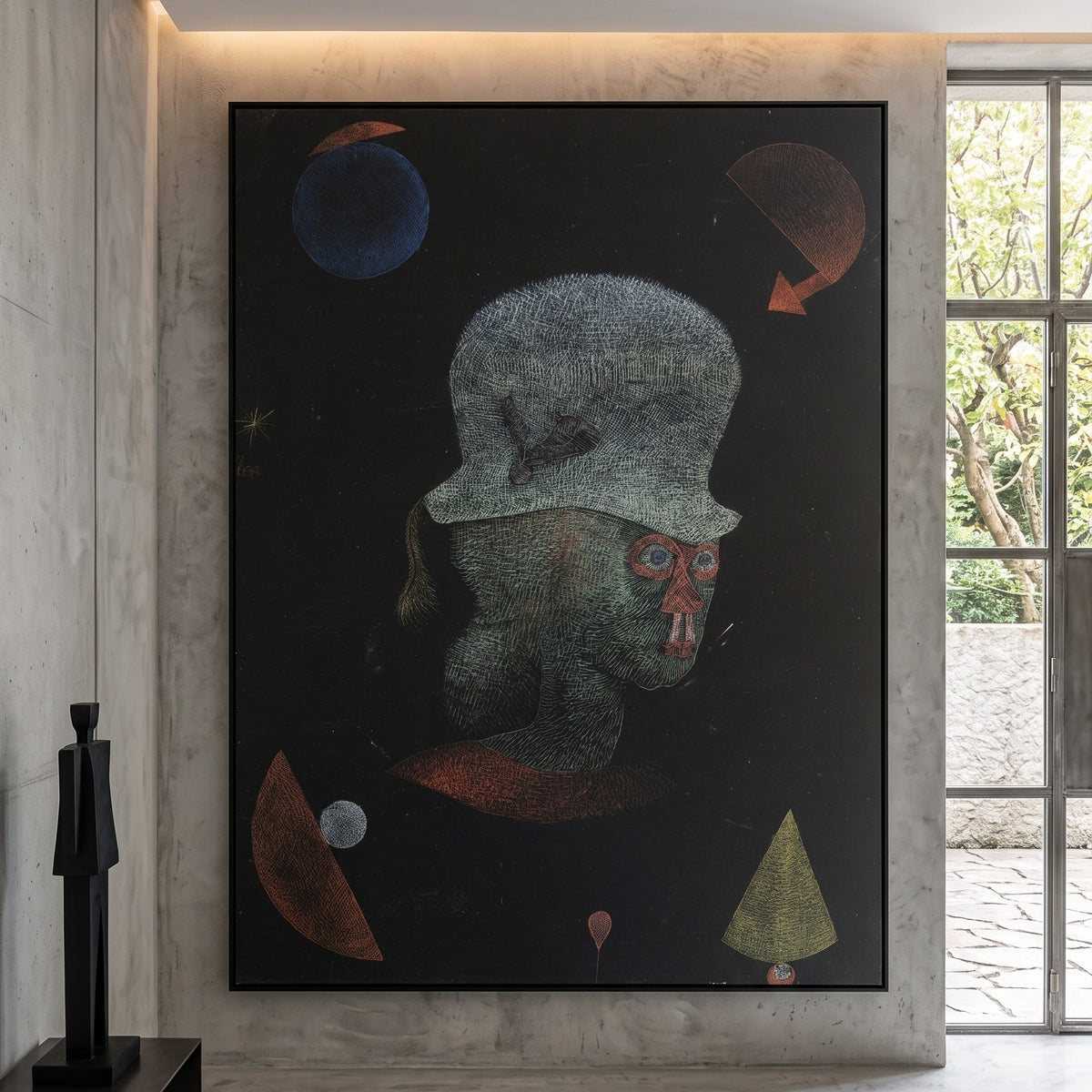 Astrological Fantasy Portrait by Paul Klee — large green and black Abstract canvas art displayed on a wall