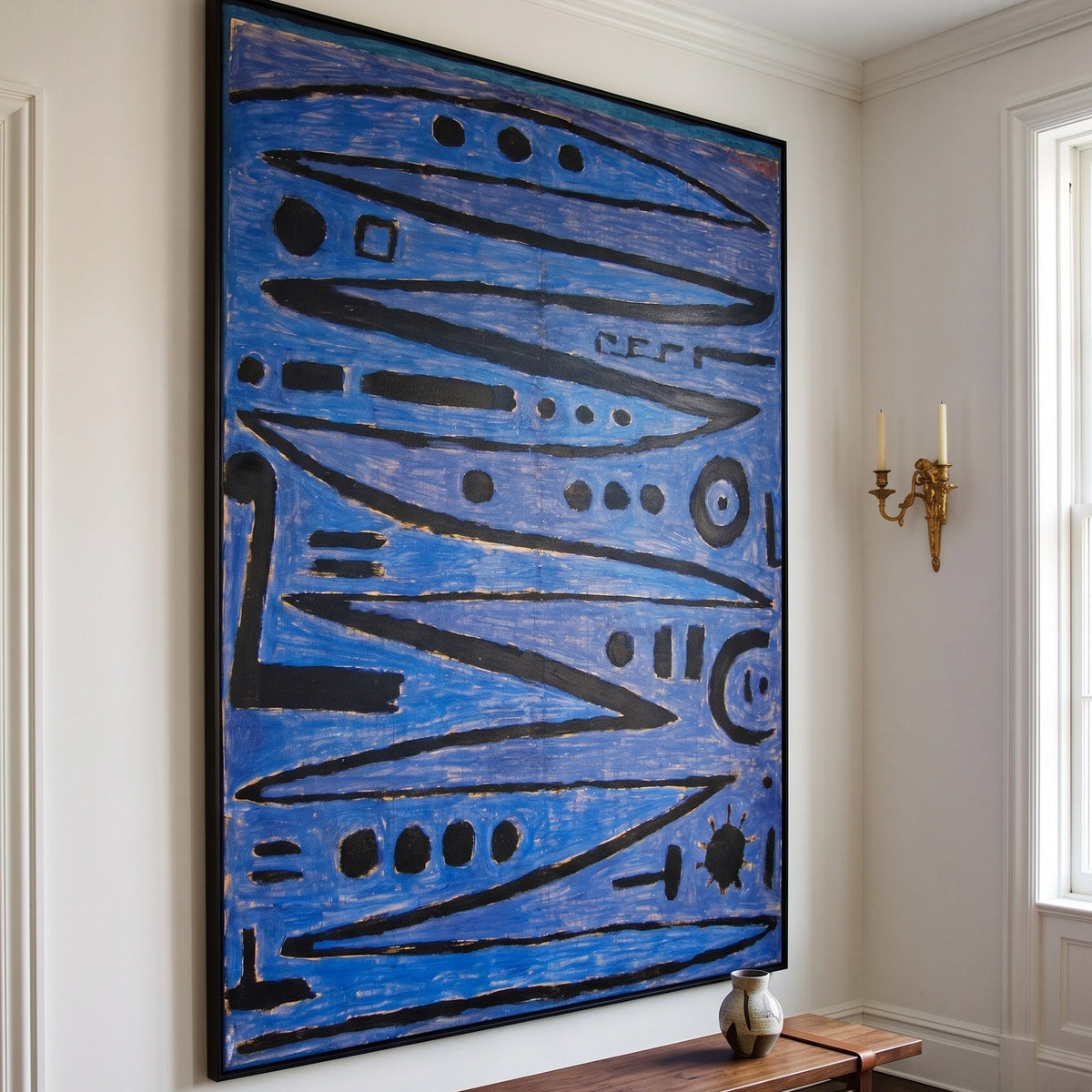 Heroic Strokes of the Bow by Paul Klee — large blue and black Geometric Abstract canvas art on a hallway wall