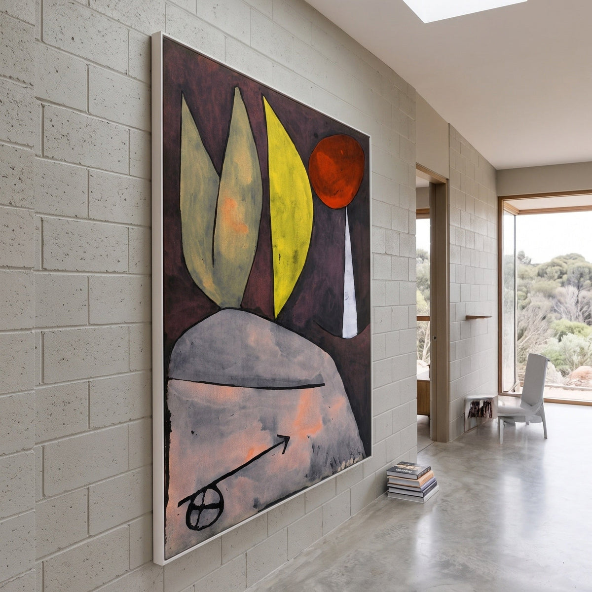 Leaves and Red Fruit by Paul Klee — large purple and yellow Abstract canvas art on a living room wall