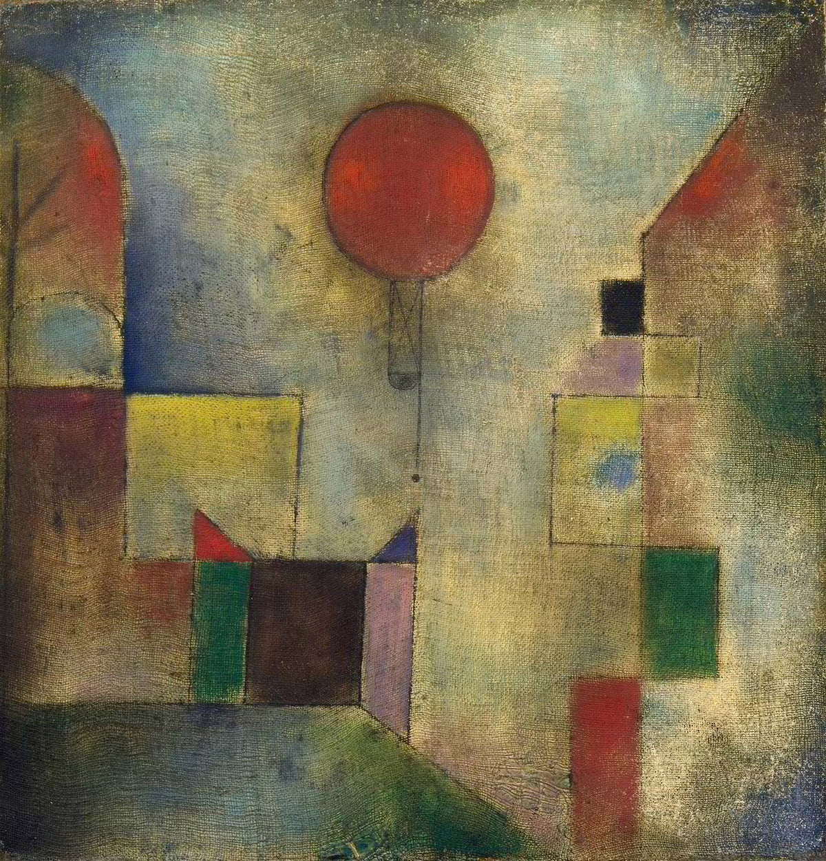 Large olive and grey Expressionist Abstract canvas print of Red Balloon by Paul Klee