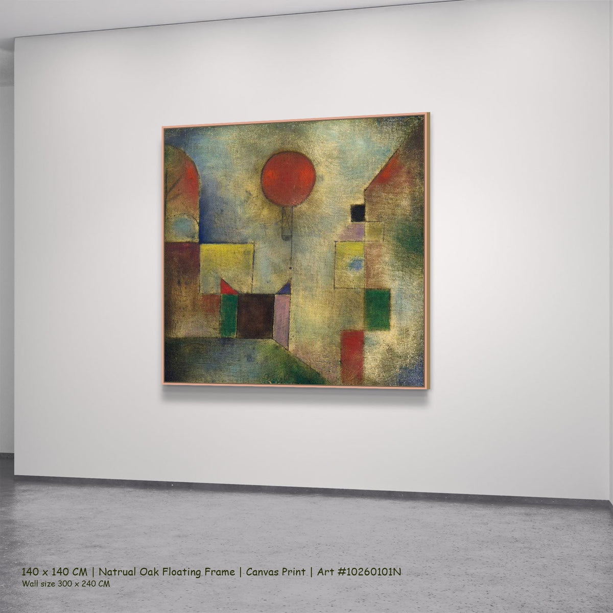 Red Balloon by Paul Klee in a natural oak floating frame, large olive and grey Expressionist Abstract canvas