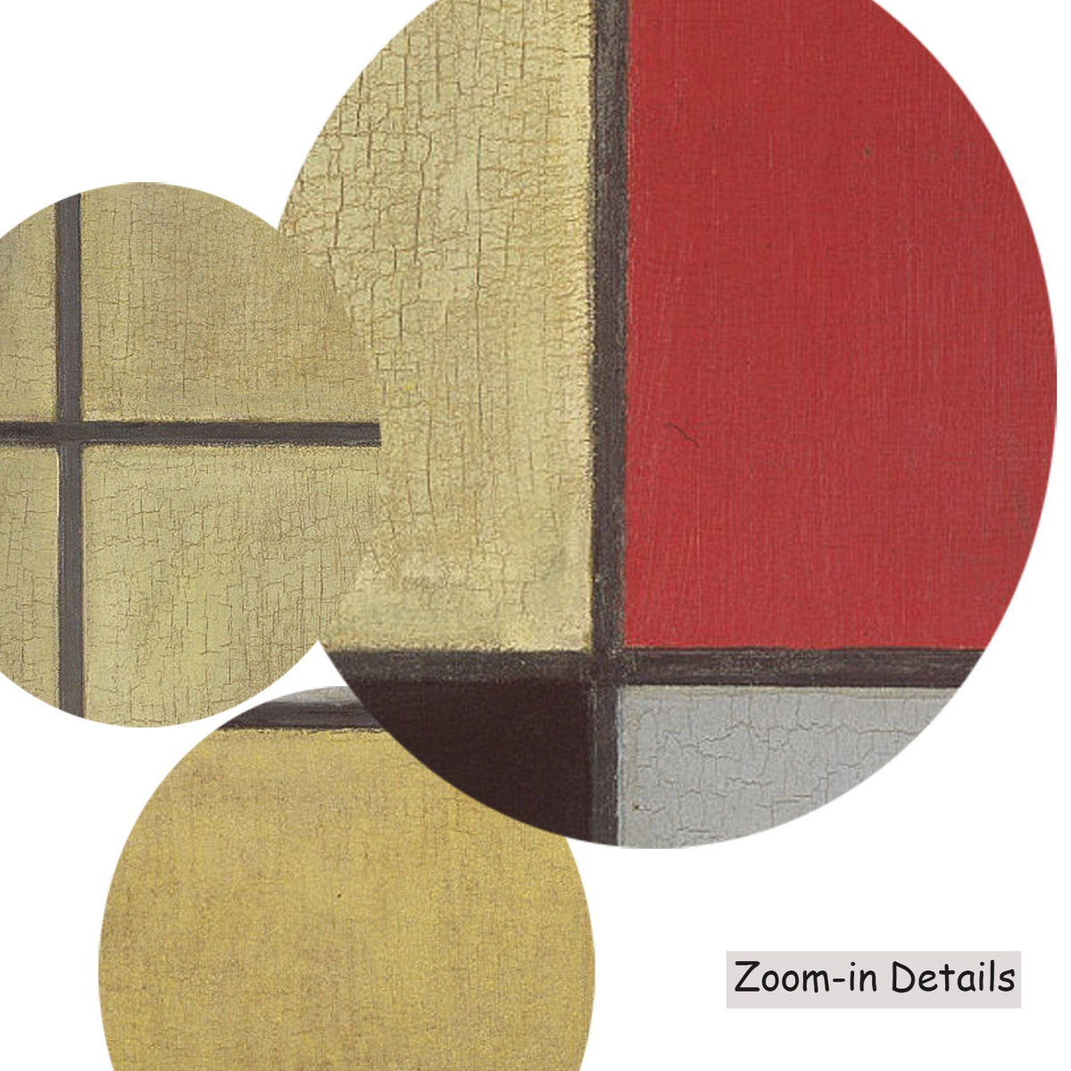 Piet Mondrian — Close-up detail of the brushwork on Composition with Red, Blue and Yellow-Green, a large yellow and red…