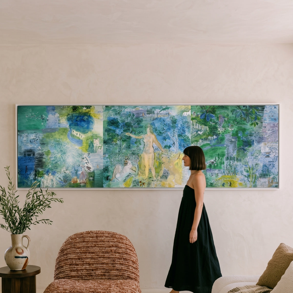 Le Cours de la Seine by Raoul Dufy — large green and blue Fauvist canvas art on a living room wall