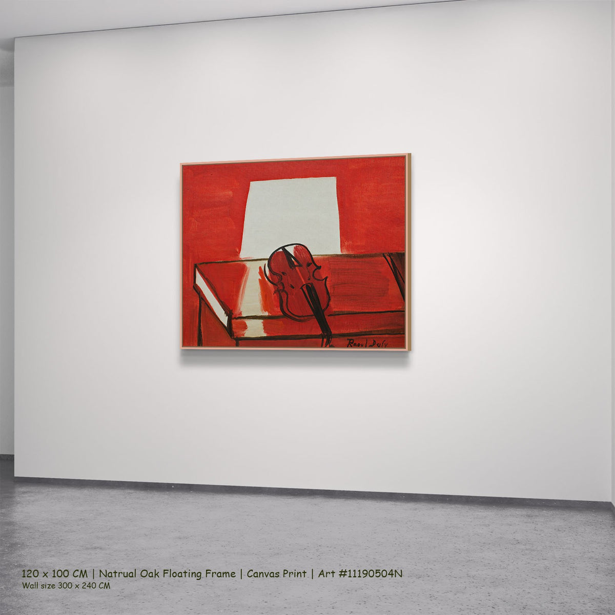 Le Violon rouge by Raoul Dufy in a natural oak floating frame, large red and white Fauvist canvas