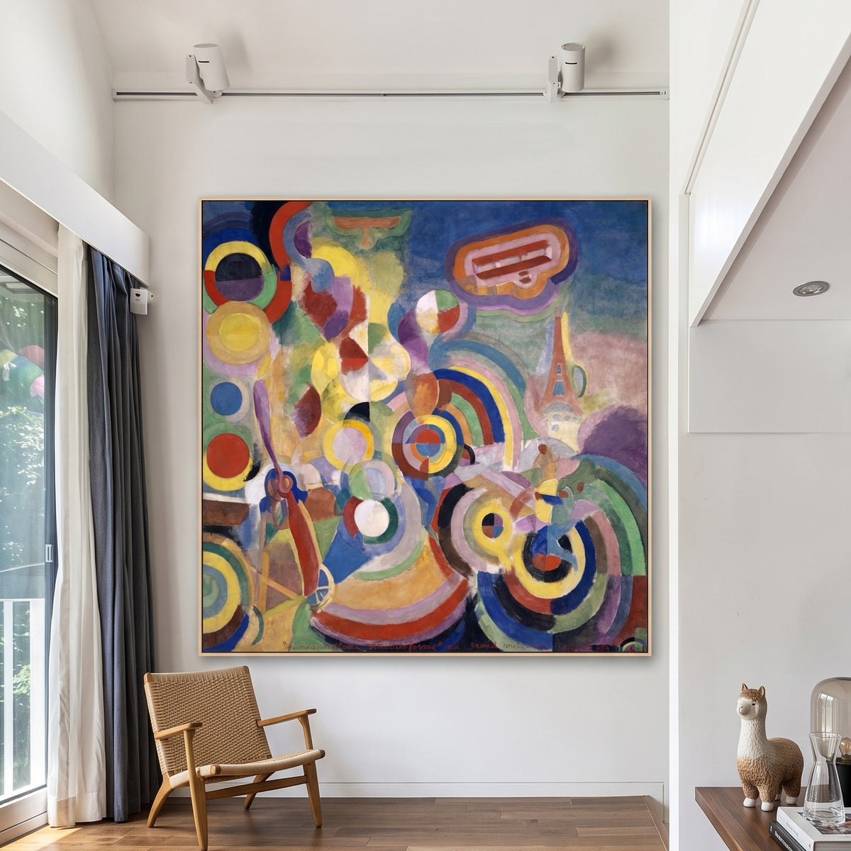 Hommage to Blériot by Robert Delaunay — large yellow and green Cubist Abstract canvas art on a hallway wall