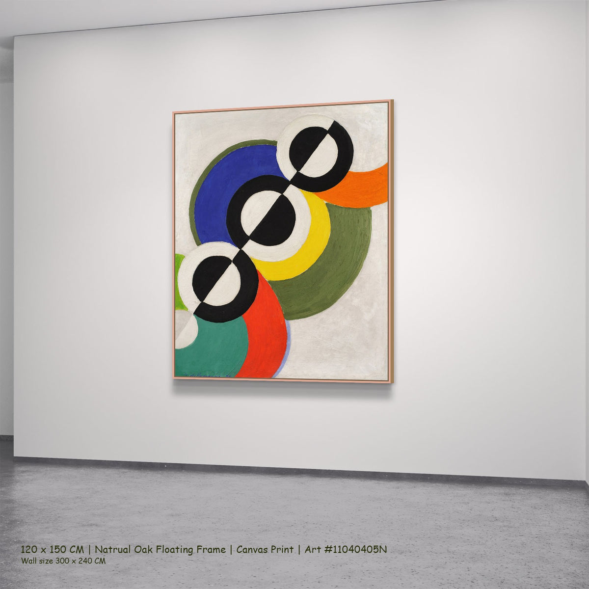 Rythme by Robert Delaunay in a natural oak floating frame, large olive and black Geometric Abstract canvas
