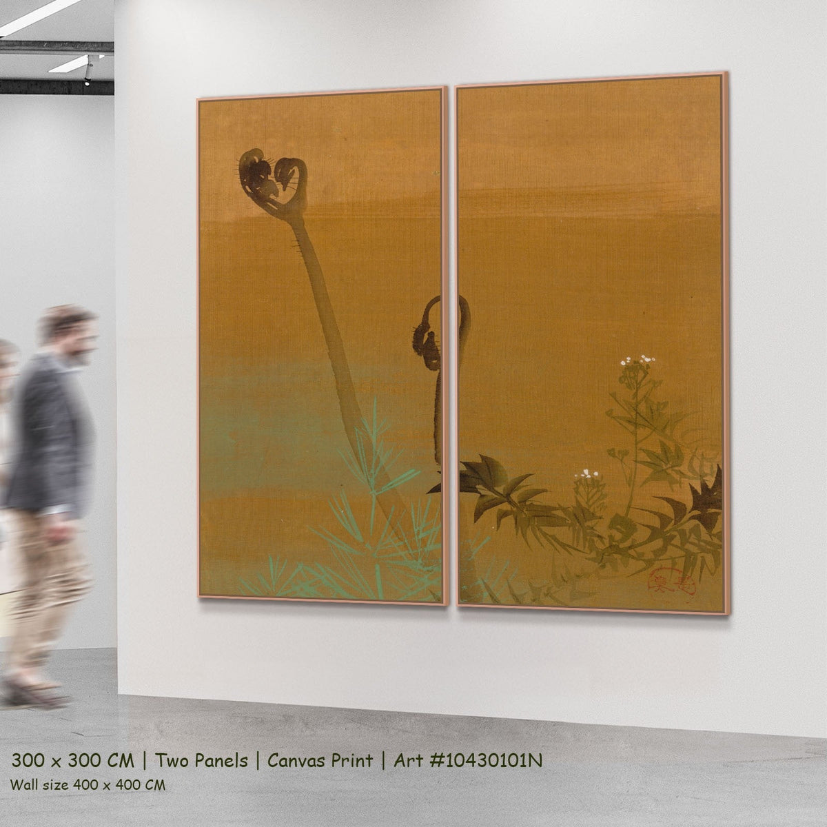 New Ferns from Album of Paintings by Shibata Zeshin as a large two-panel gold and green Botanical canvas set