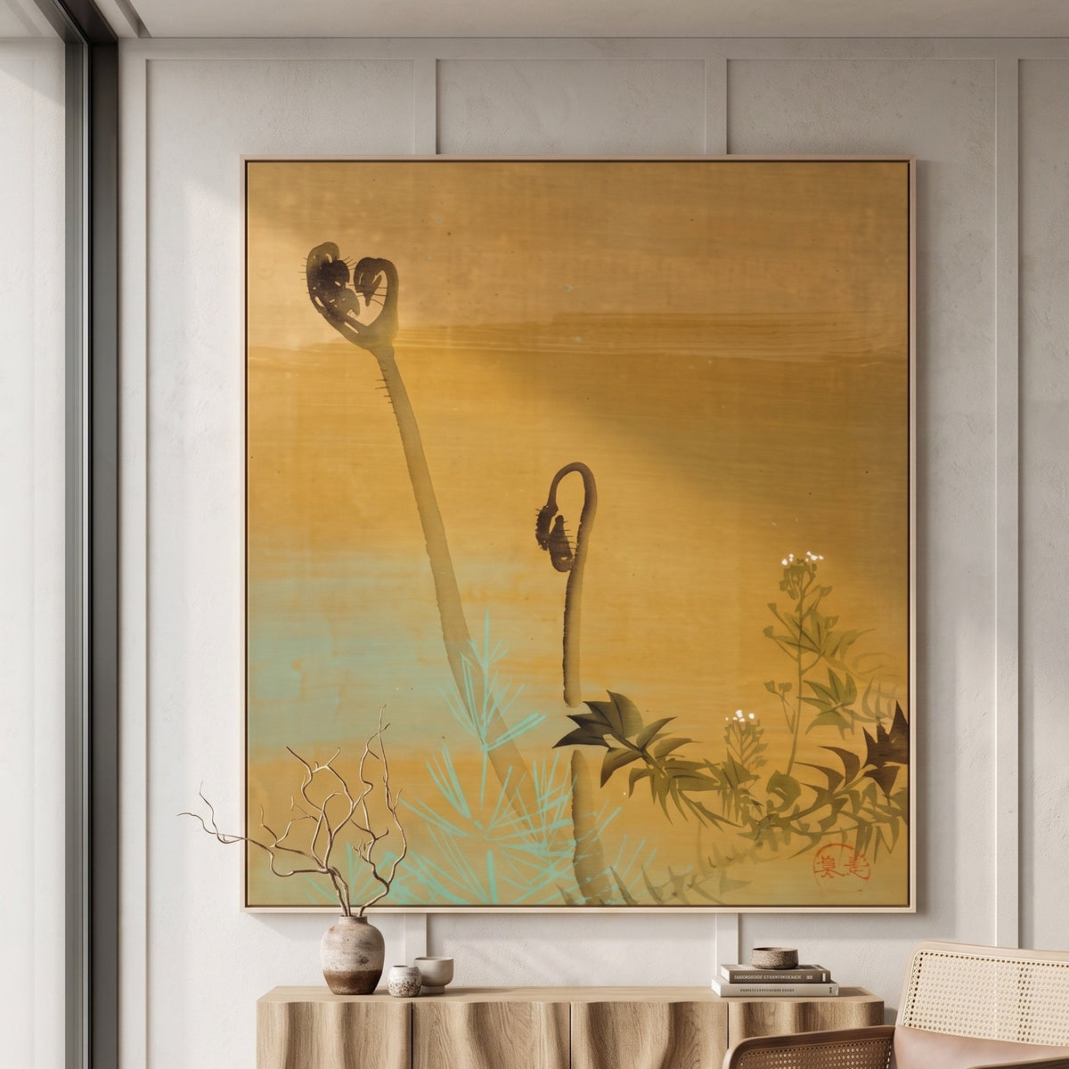 New Ferns from Album of Paintings by Shibata Zeshin — large gold and green Botanical canvas art on a hallway wall