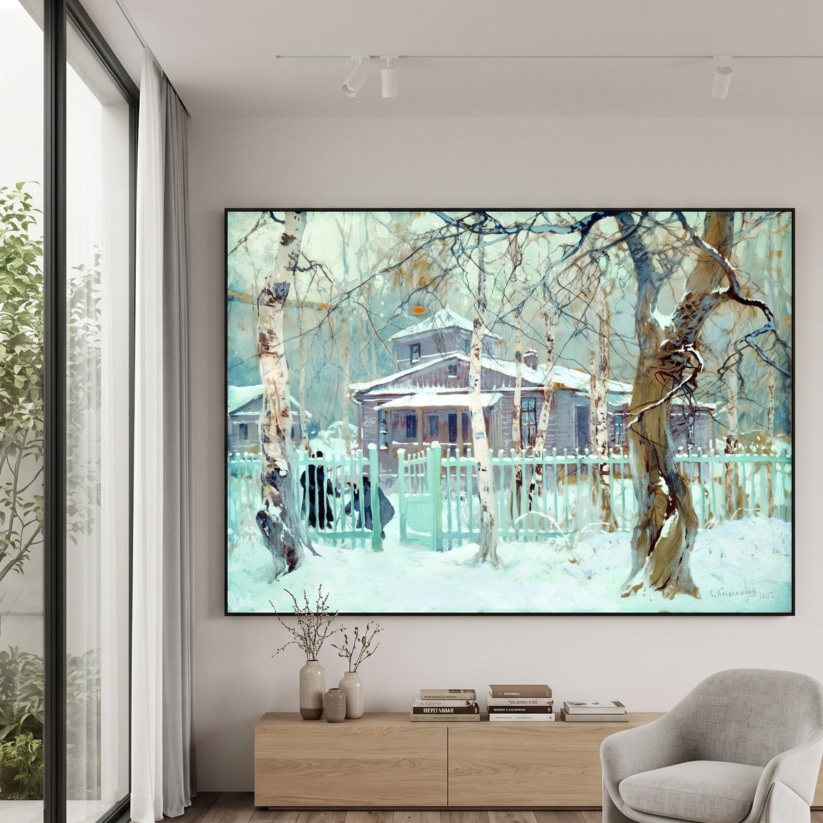 Winter House Behind a Green Fence by Stepan Kolesnikoff — large aqua and white Impressionist canvas art on a hallway wall