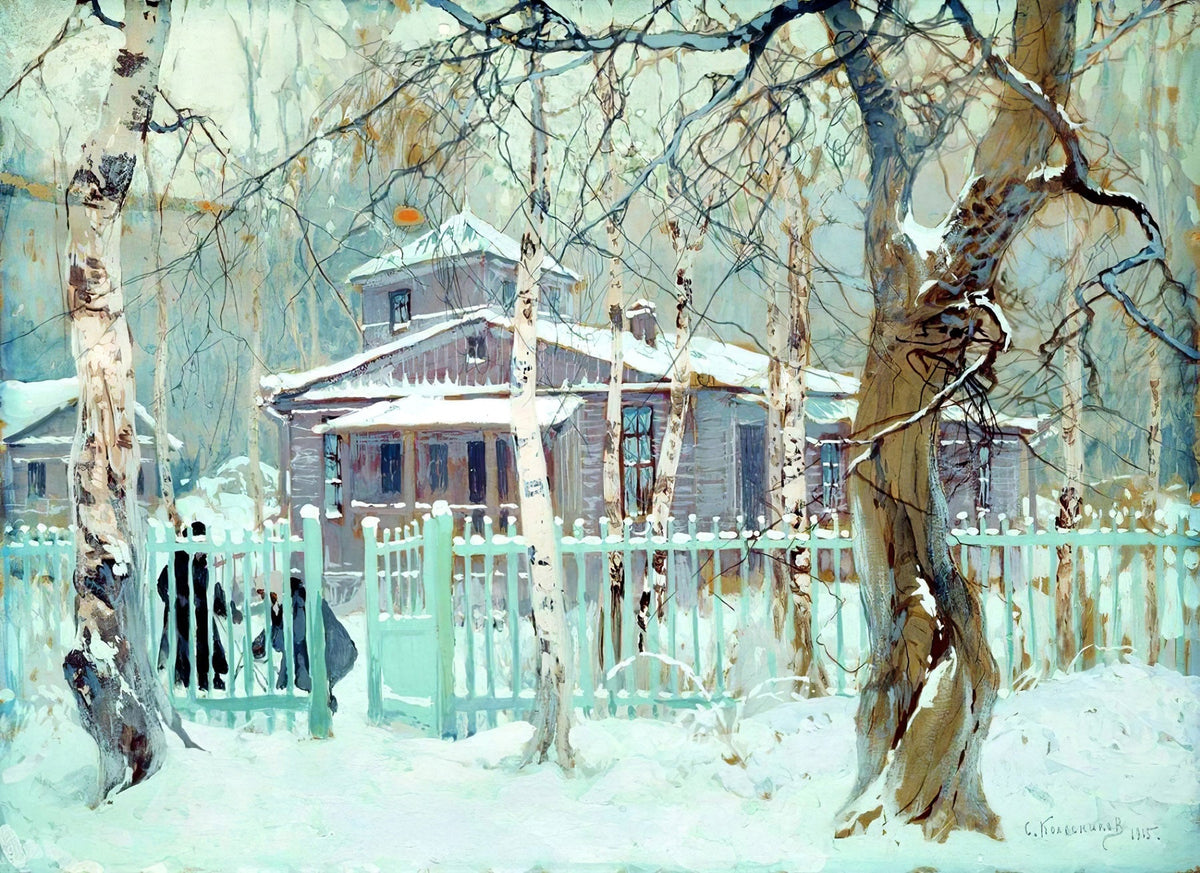 Large aqua and white Impressionist canvas print of Winter House Behind a Green Fence by Stepan Kolesnikoff