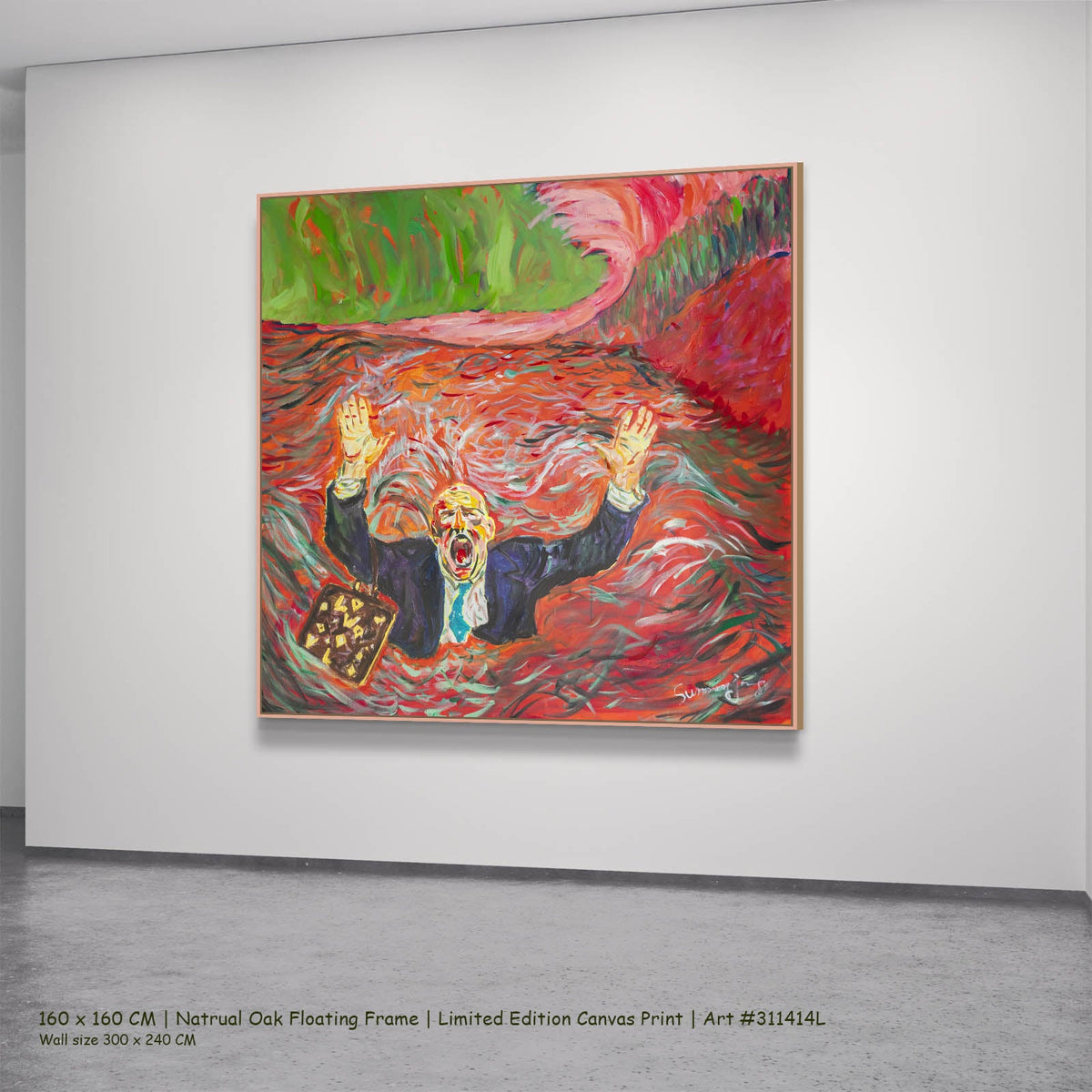 Summer Jiang — Drowning Dishonesty Contemporary canvas wall art in a natural oak floating frame, 160 × 160 cm