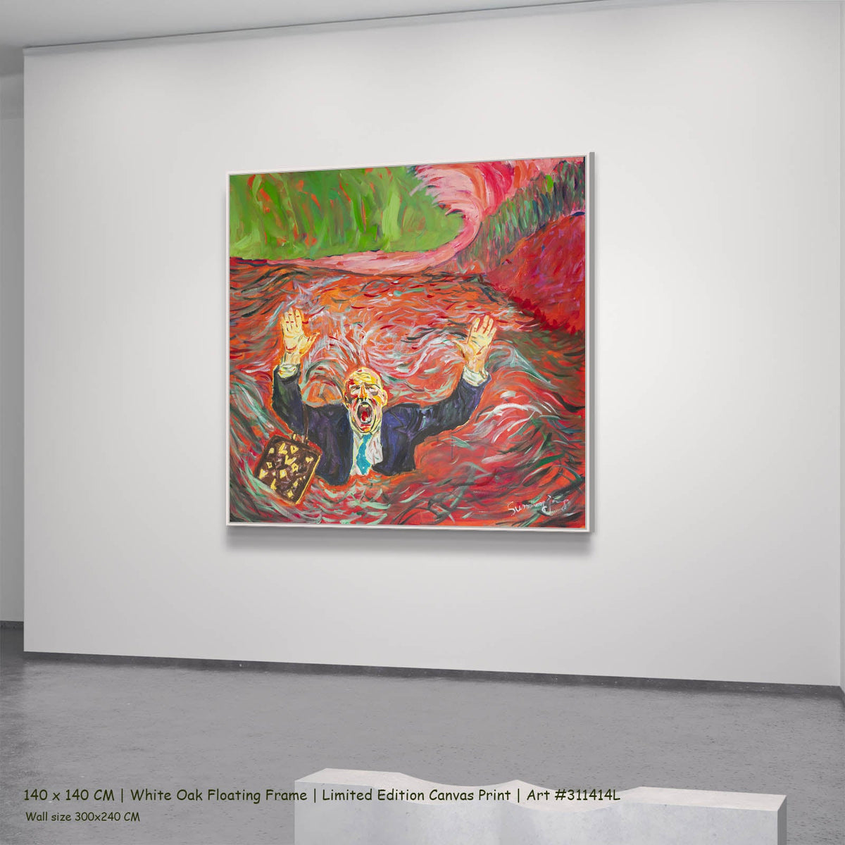 Summer Jiang — Drowning Dishonesty Contemporary canvas wall art in a white oak floating frame, 140 × 140 cm