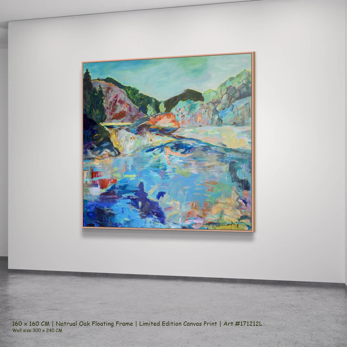 Summer Jiang — River Washes Me Abstract canvas wall art in a natural oak floating frame, 160 × 160 cm