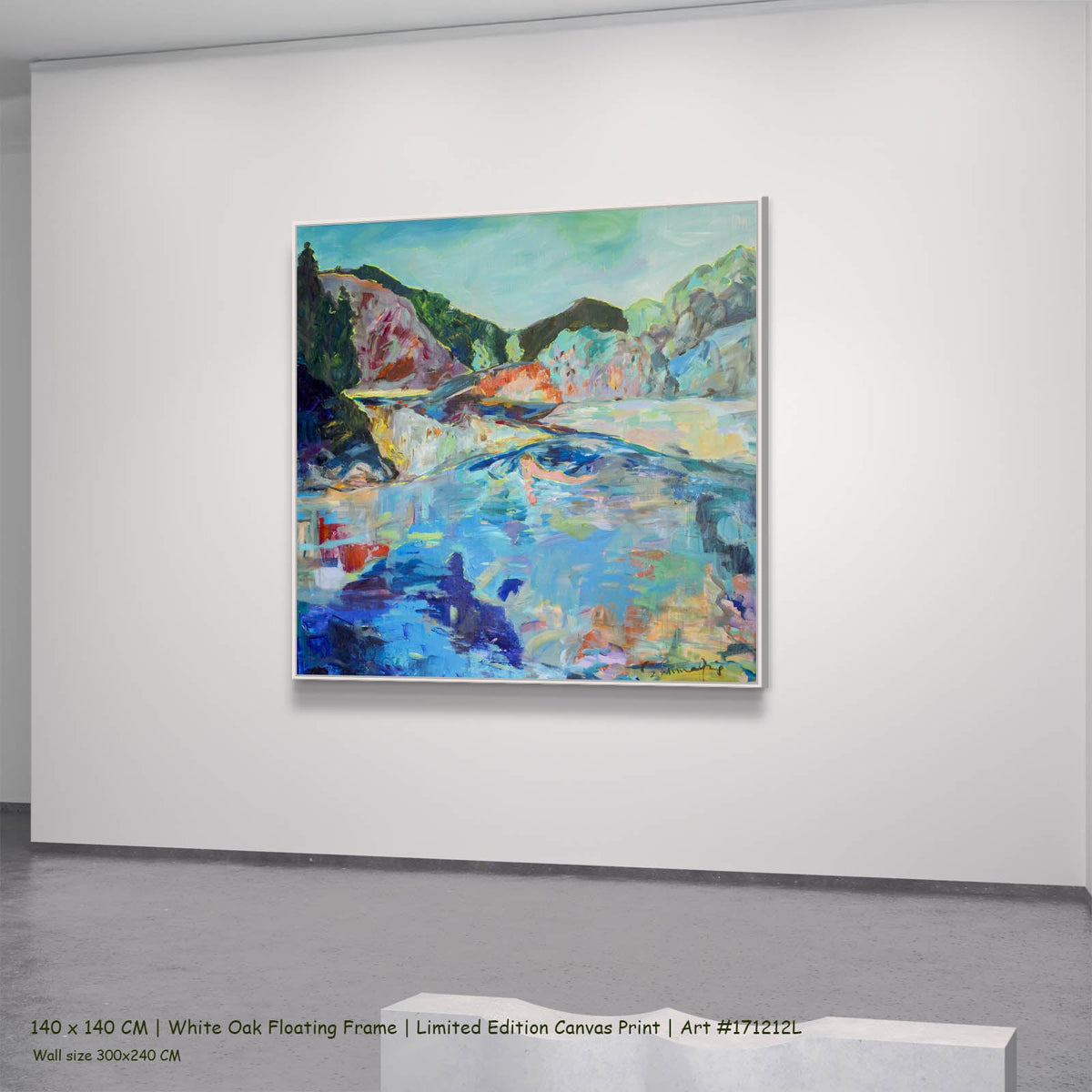 Summer Jiang — River Washes Me Abstract canvas wall art in a white oak floating frame, 140 × 140 cm