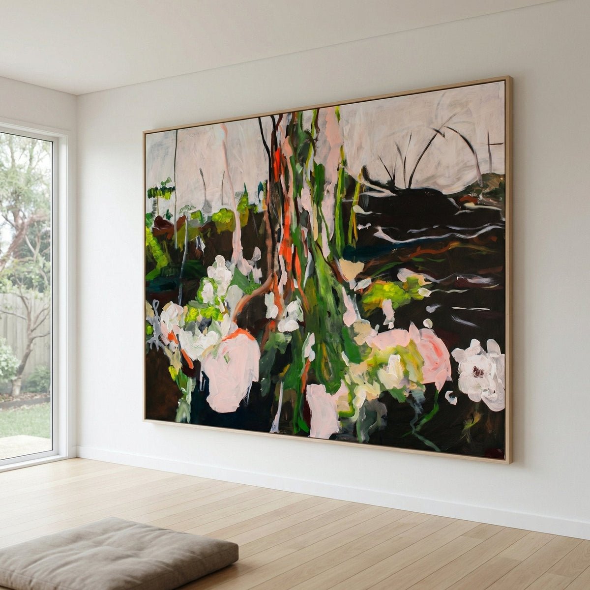 Rooted Presence Abstract Landscape canvas wall art framed and hung on a wall, 120 × 160 cm, by Summer Jiang