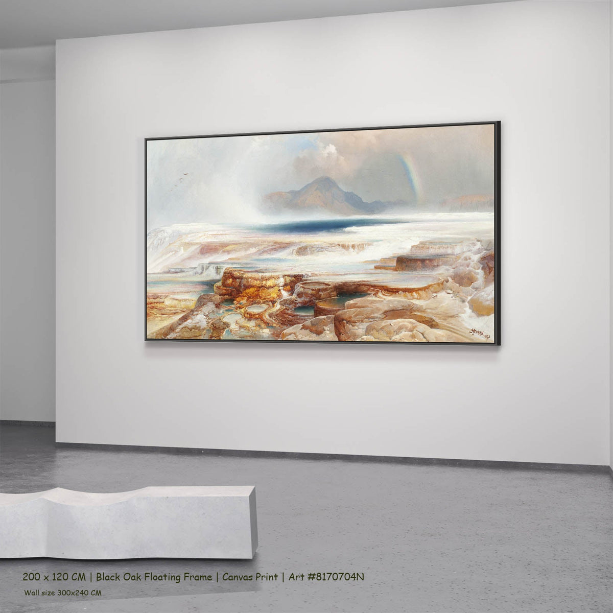 Thomas Moran — Hot Springs of the Yellowstone Landscape canvas wall art in a black oak floating frame, 200 × 120 cm
