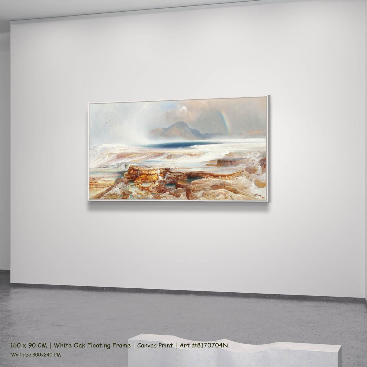 Thomas Moran — Hot Springs of the Yellowstone Landscape canvas wall art in a white oak floating frame, 160 × 90 cm