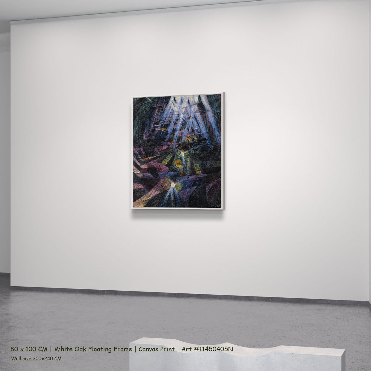 The Forces of a Street by Umberto Boccioni in a white oak floating frame, large purple and black Futurist canvas