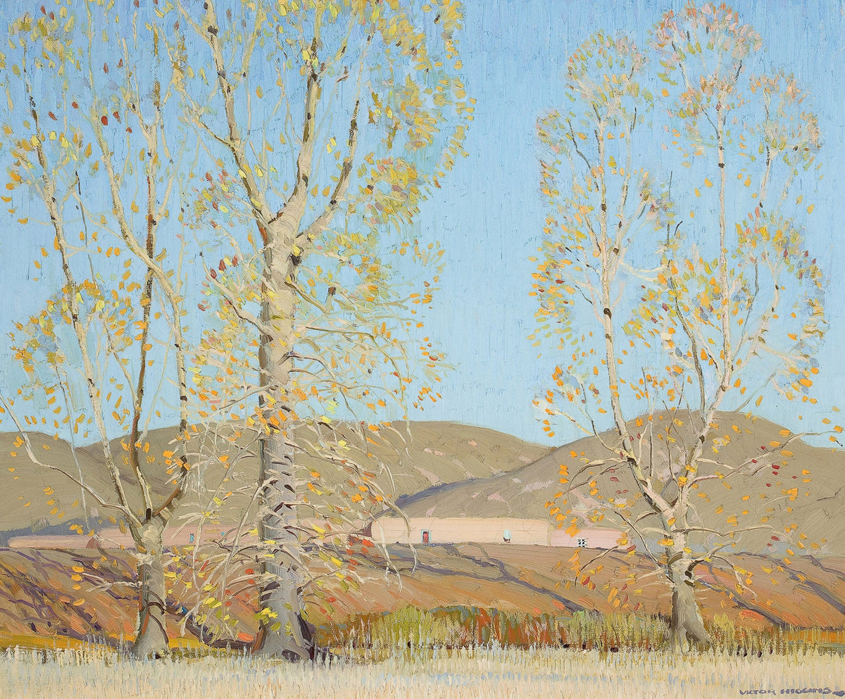 Large light blue and gold Landscape canvas print of November — Country Landscape by Victor Higgins