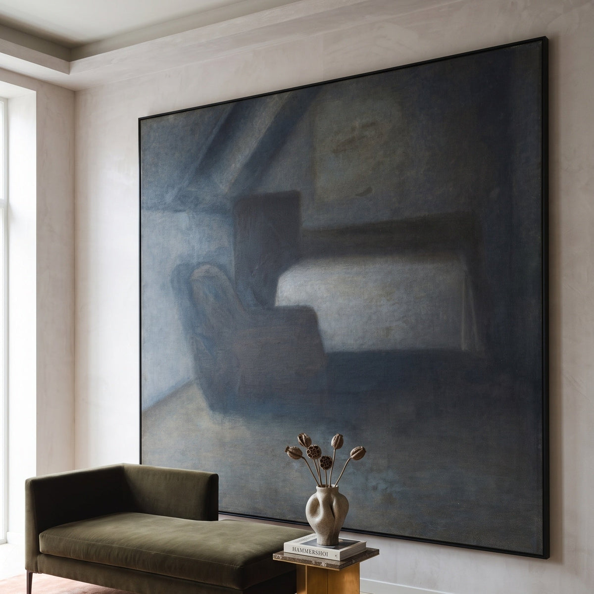 Attic Room with a Table and by Vilhelm Hammershoi — large brown and grey Symbolist canvas art on a living room wall