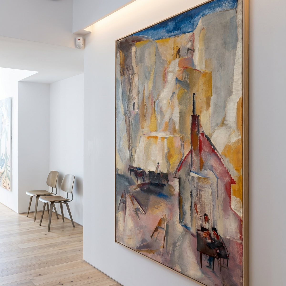 Quarry by Vilmos Aba-Novák — large gold and pink Modernist canvas art on a living room wall