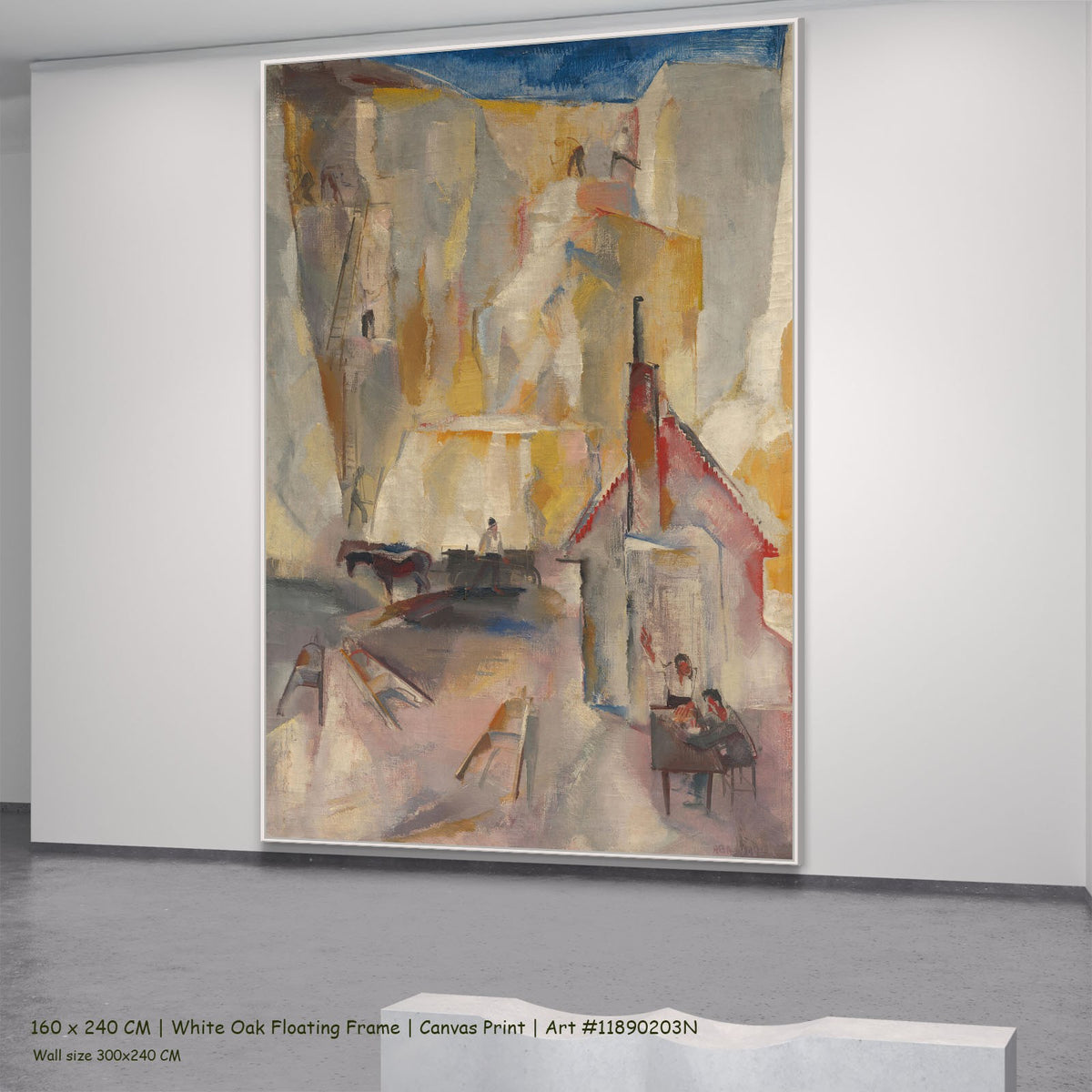 Quarry by Vilmos Aba-Novák in a white oak floating frame, large gold and pink Modernist canvas