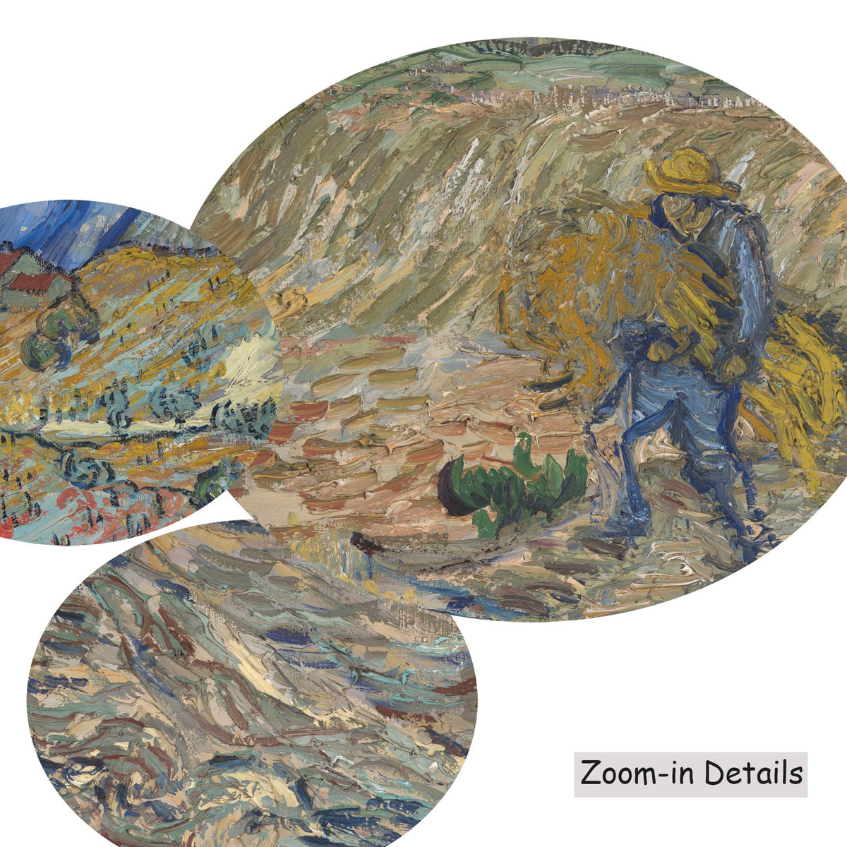 Vincent van Gogh — Close-up detail of the brushwork on Enclosed Field with Peasant, a large gold and grey Impressionist…