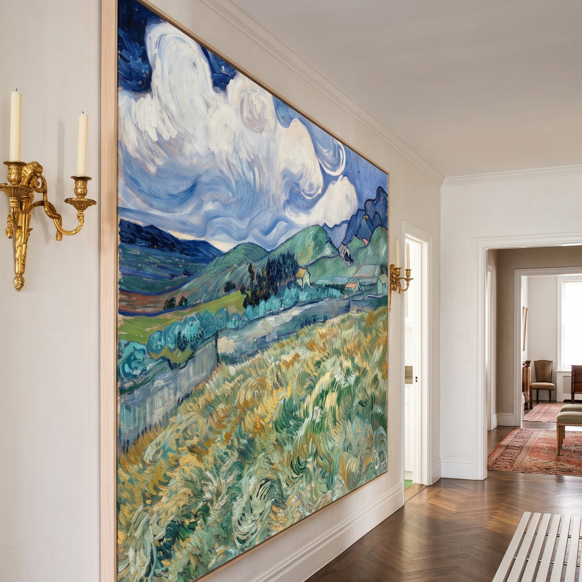 Landscape from Saint-Rémy by Vincent van Gogh — large green and blue Impressionist canvas art on a hallway wall