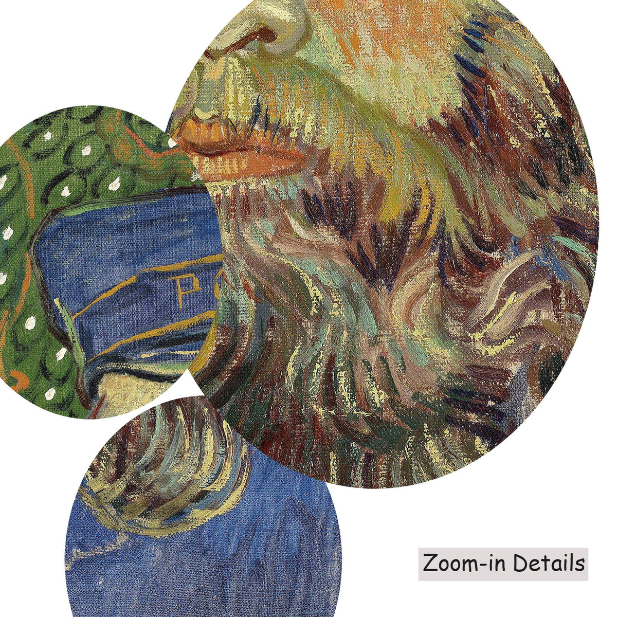 Vincent van Gogh — Close-up detail of the brushwork on Portrait of Joseph Roulin, a large green and blue Impressionist…