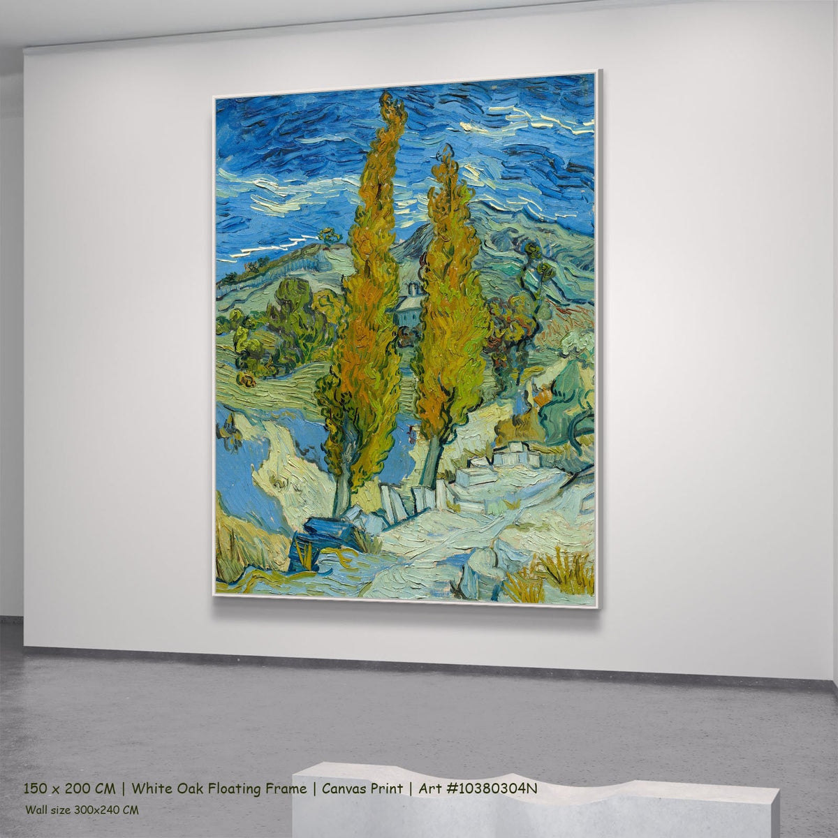 Two Poplars in the Alpilles near by Vincent van Gogh in a white oak floating frame, large blue and yellow Impressionist canva