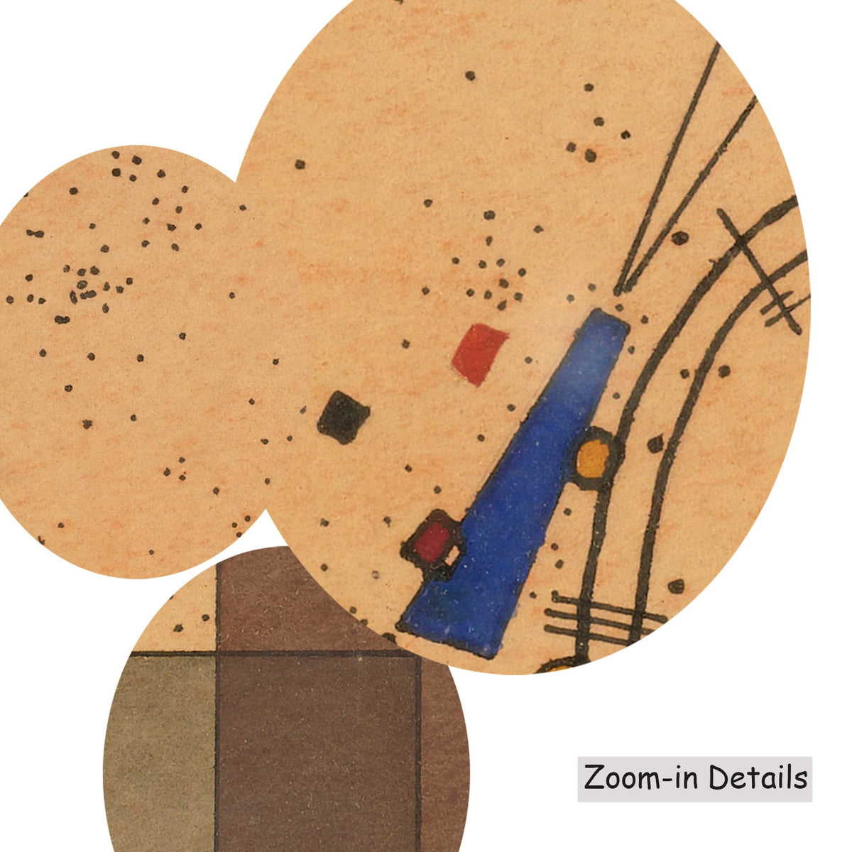 Wassily Kandinsky — Close-up detail of the brushwork on Speckled Ground with Buildings, a large gold and blue Geometric…