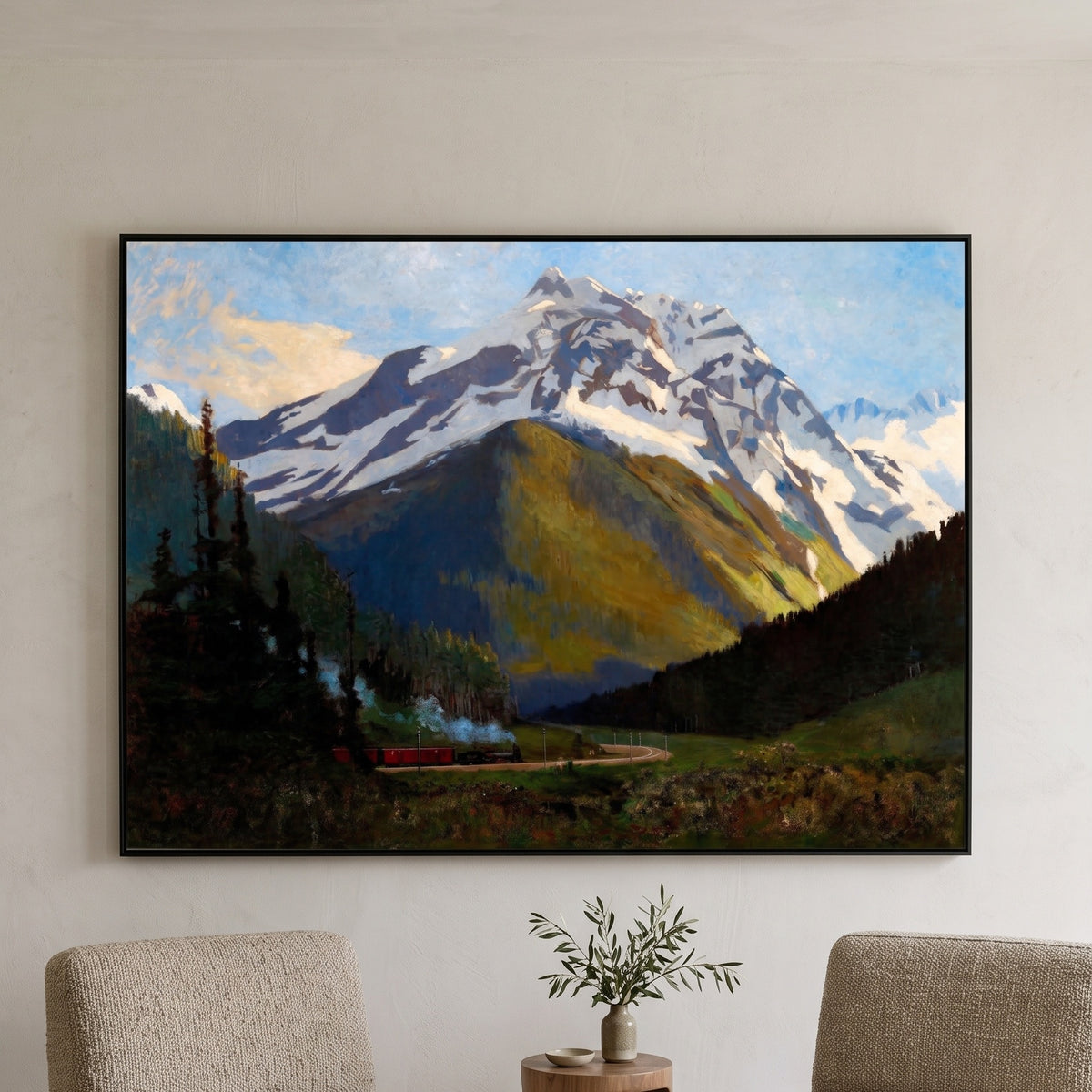 Mount Cheops from Rogers Pass by William Brymner — large light blue and black Landscape canvas art on a living room wall