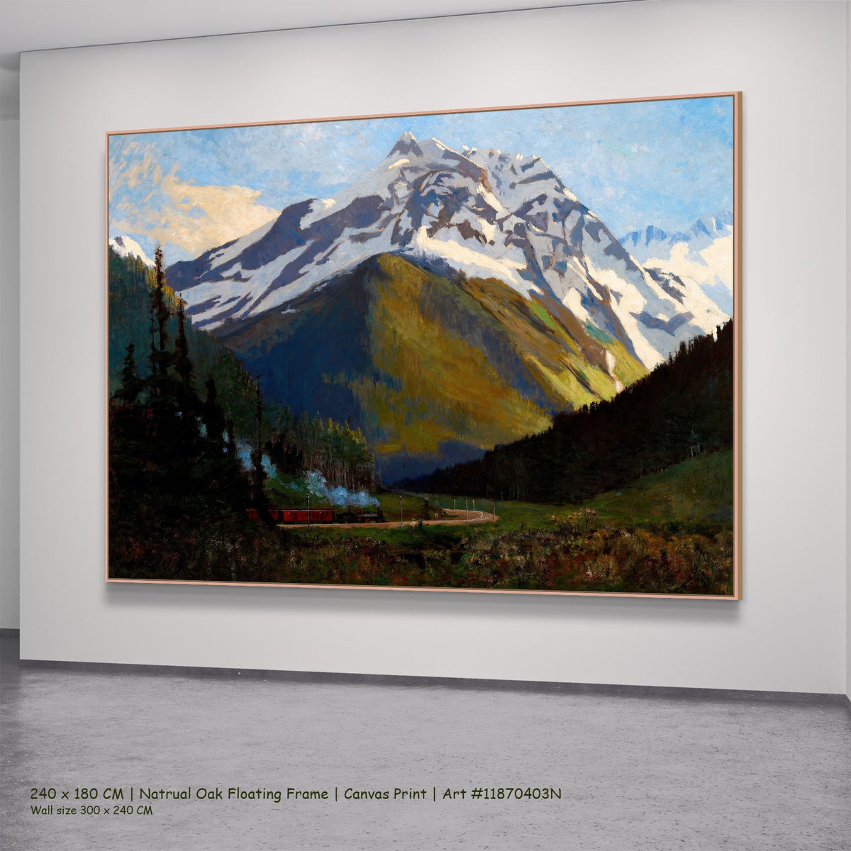 Mount Cheops from Rogers Pass by William Brymner in a natural oak floating frame, large light blue and black Landscape canvas