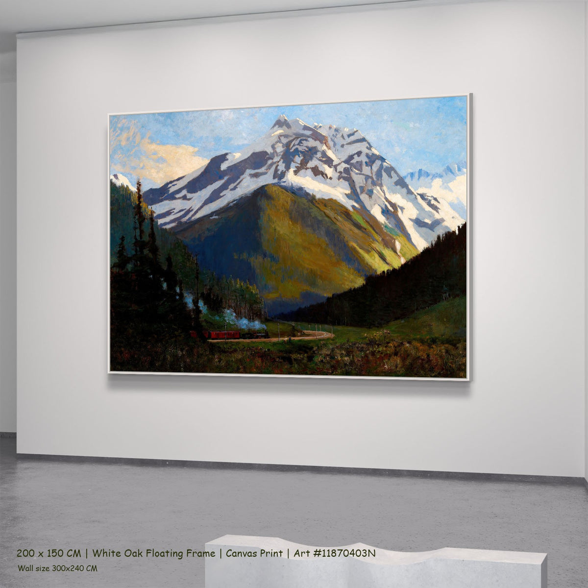 Mount Cheops from Rogers Pass by William Brymner in a white oak floating frame, large light blue and black Landscape canvas