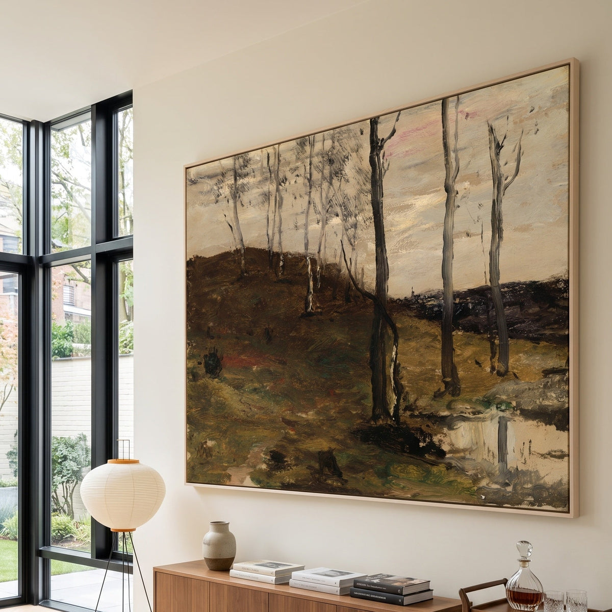 Hillside with Trees by William Morris Hunt — large brown and olive Landscape canvas art on a living room wall