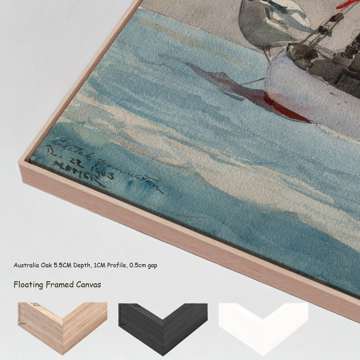 Stowing Sail by Winslow Homer in a floating frame, large light blue and aqua Landscape canvas print