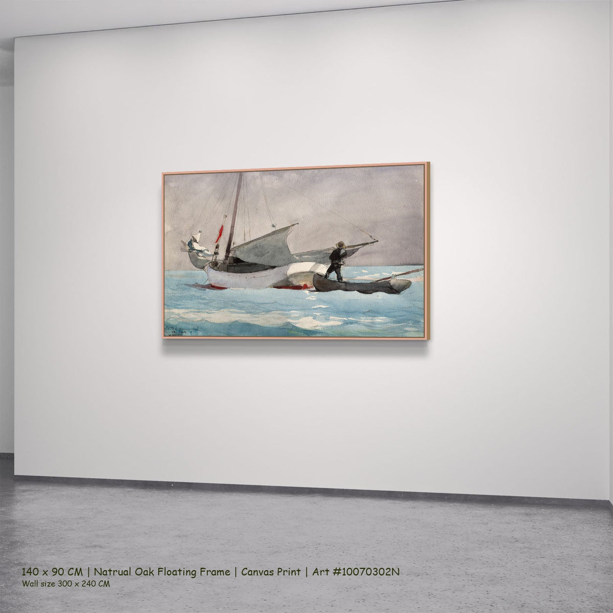Stowing Sail by Winslow Homer in a natural oak floating frame, large light blue and aqua Landscape canvas