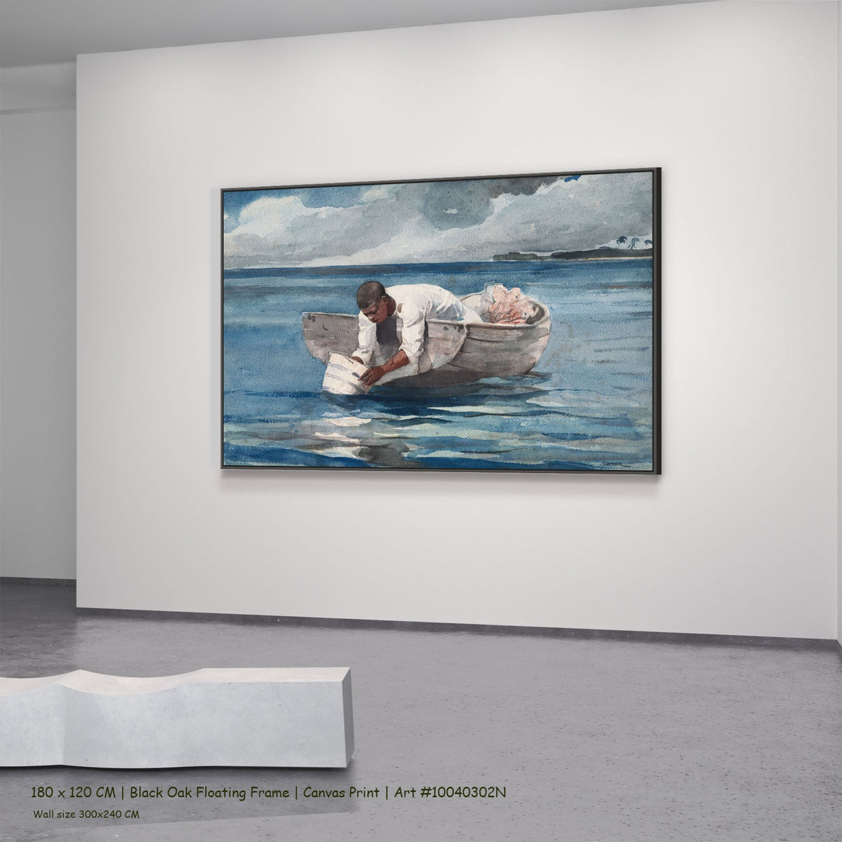 The Water Fan by Winslow Homer in a black oak floating frame, large blue and grey Landscape canvas