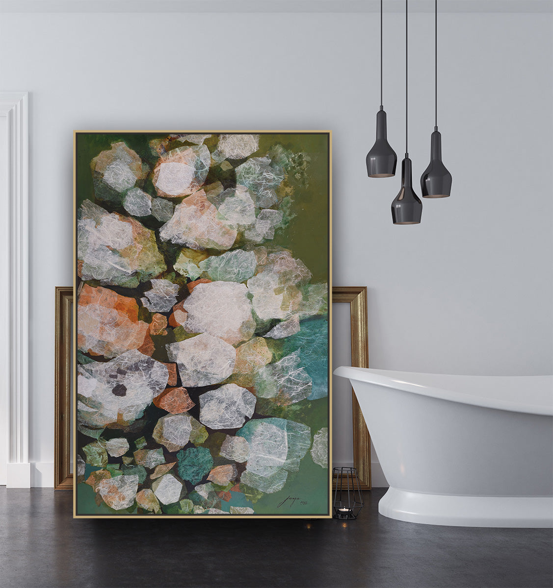 Green stone abstract art| linen canvas print | shadow framed | Large wall art | #430 - Wall Liberation